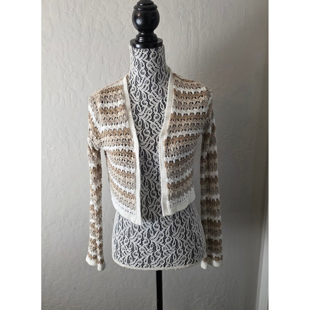 Major Label Group Crochet Bolero Cardigan Womens Small Beige Open Knit Shrug Y2K